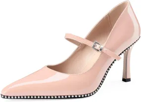 Oh Mispares Women's High Heel Beaded Pumps Stiletto High Heels Pointed Toe Mary Jane Pumps Slip On Sexy Heeled Dress Shoes with Buckle Strap Patent Leather 3.5 Inch