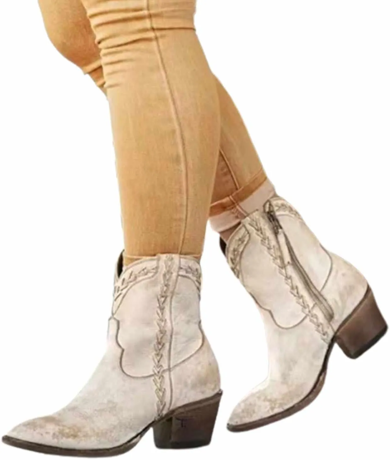 OMEARK Cowgirl Cowboy Boots for Women, Vintage Square Toe Faux PU Mid Calf Ankle Boots, Winter Short Boots Chunky Block Mid Heel Chelsea Western Booties Shoes