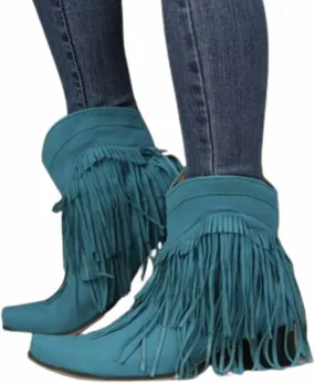 OMEARK Women's Fringed Cowboy Boots, Fashion Flat Suede Mid-Calf Ankle Boots, Winter Fur Lining Slip-On Western Tassel Short Booties Shoes