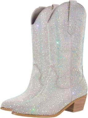 Richealnana Sparkly Rhinestones Cowboy Cowgirl Style Boots Calf High Boots for Women 2INCH Heeled Shining Pull On Tabs