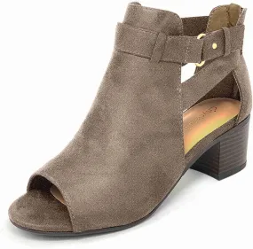 SACFOF Women's Heeled Sandals Peep Toe Booties Suede Cutout Side Ankle Strap Low Heels Dress Sandals with Back Zipper
