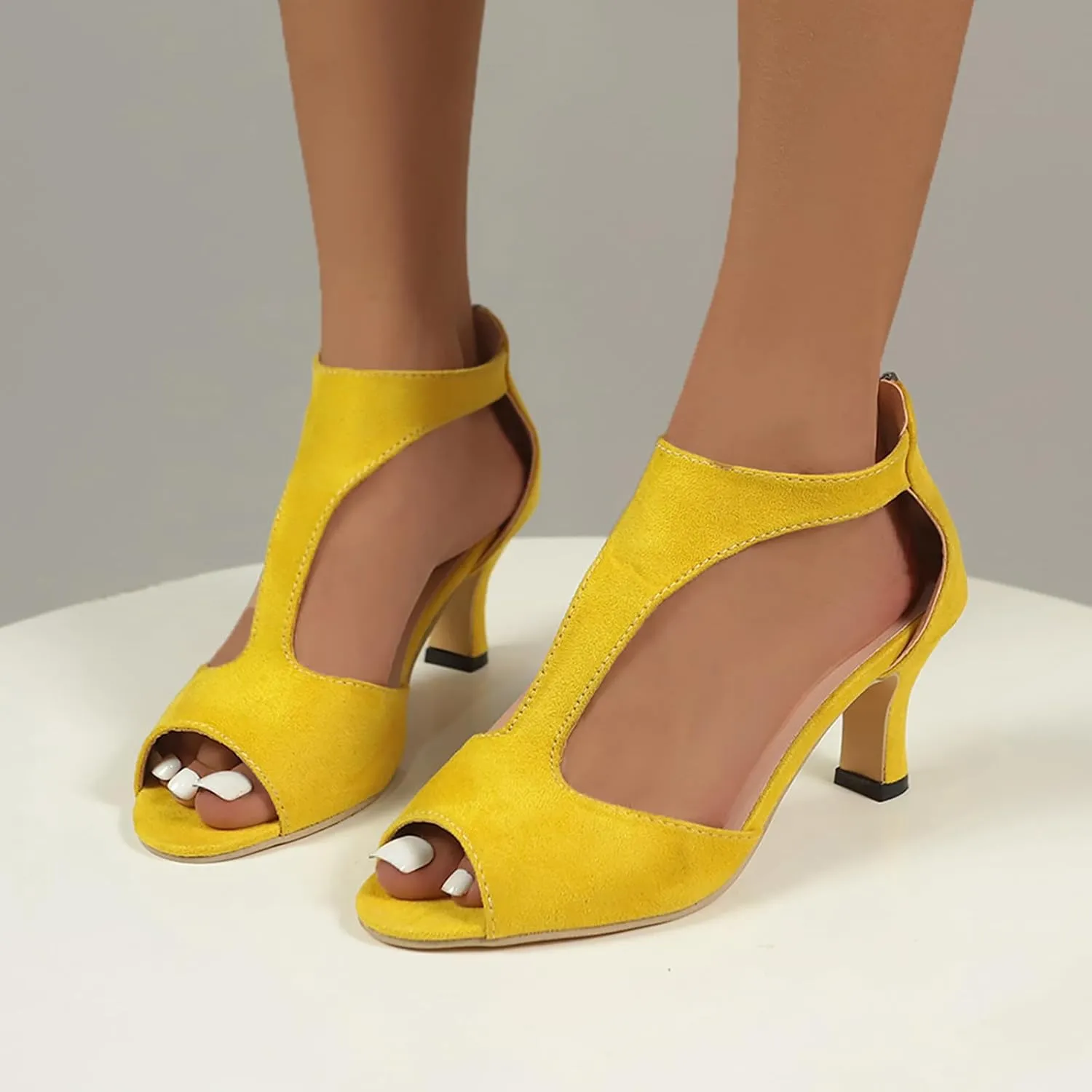 Sandals Women High Heels Dress Shoes Summer Open Toe Zip Closure Sandals Leather Fish Mouth Sandals
