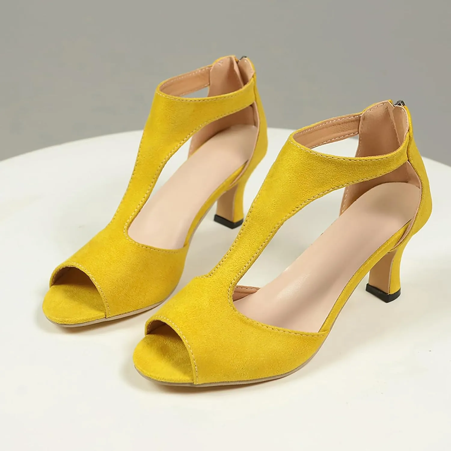 Sandals Women High Heels Dress Shoes Summer Open Toe Zip Closure Sandals Leather Fish Mouth Sandals