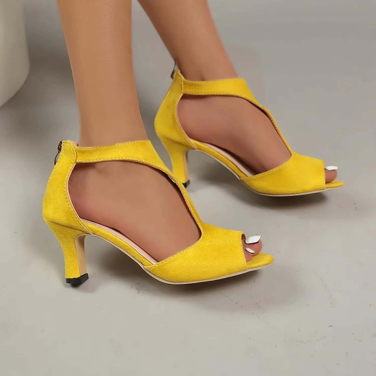 Sandals Women High Heels Dress Shoes Summer Open Toe Zip Closure Sandals Leather Fish Mouth Sandals