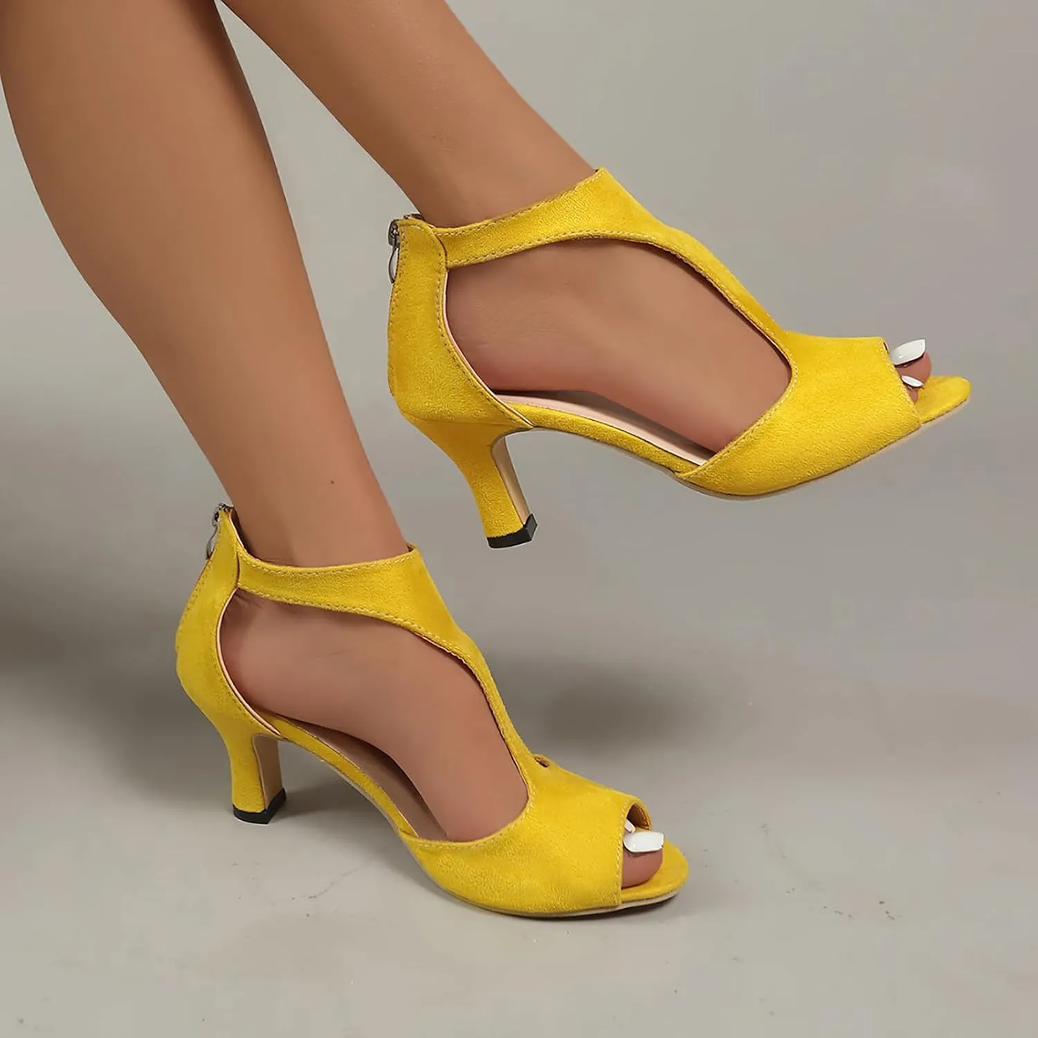 Sandals Women High Heels Dress Shoes Summer Open Toe Zip Closure Sandals Leather Fish Mouth Sandals