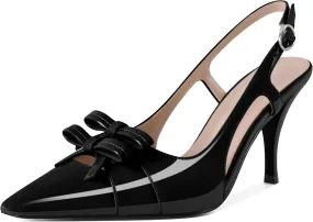 Slingback Heels Women Stilettos High Heel with Bow Square Toe Heels 3.5" Comfort Dress Pumps Shoes