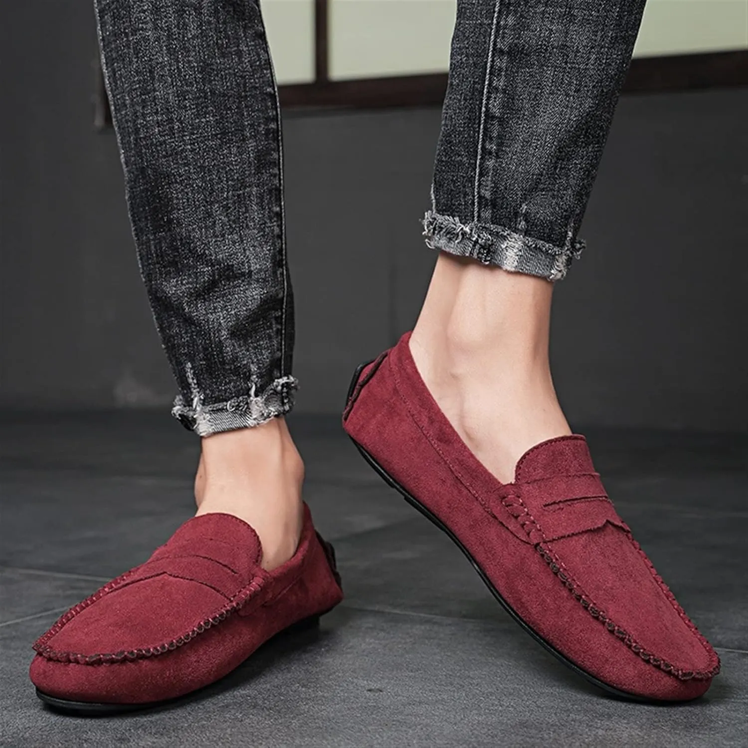 Smoking Loafer for Men Suede Vamp Penny Loafer Stitching Details Round Toe Flat Heel Flexible Anti-Slip Resistant Casual Slip on for Any Attire