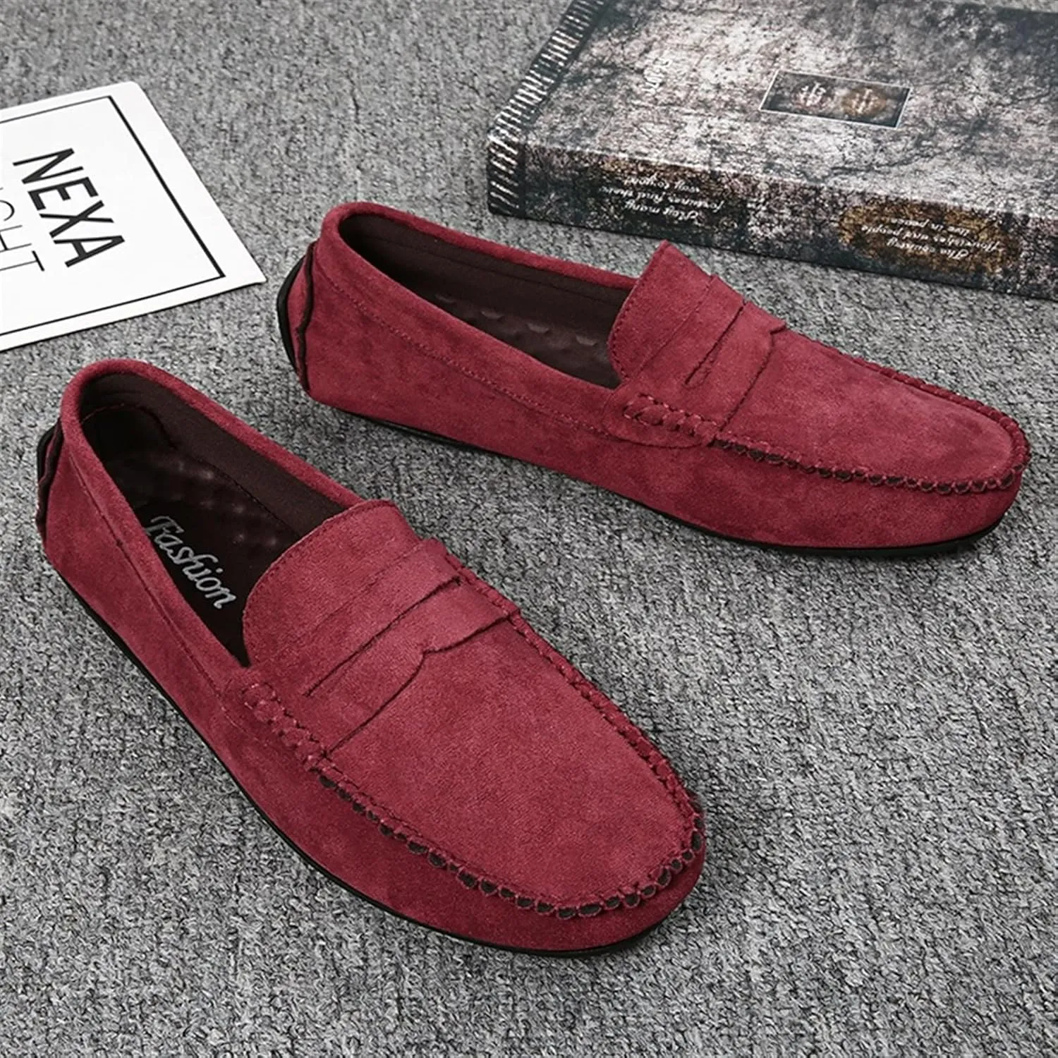 Smoking Loafer for Men Suede Vamp Penny Loafer Stitching Details Round Toe Flat Heel Flexible Anti-Slip Resistant Casual Slip on for Any Attire