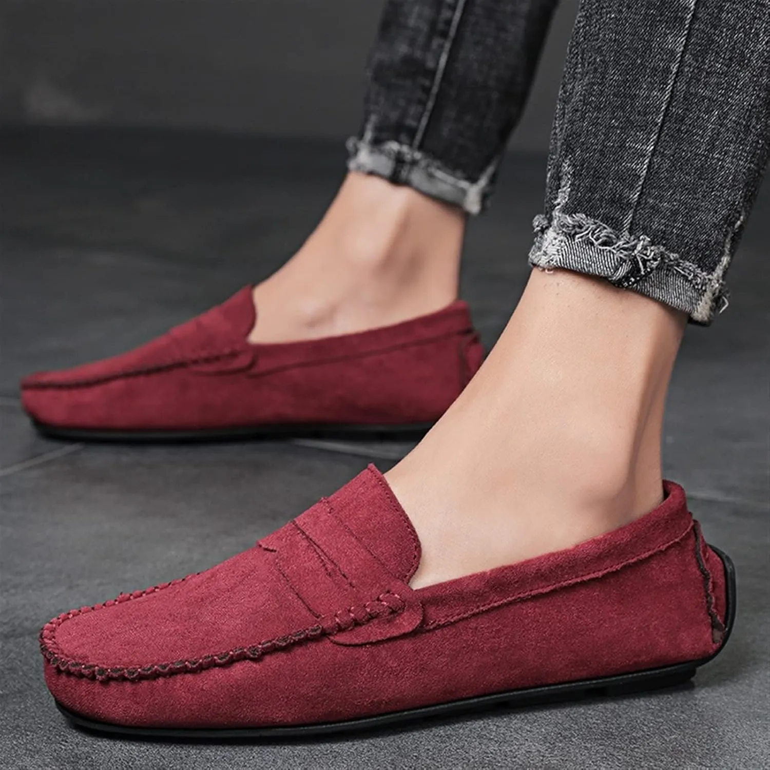 Smoking Loafer for Men Suede Vamp Penny Loafer Stitching Details Round Toe Flat Heel Flexible Anti-Slip Resistant Casual Slip on for Any Attire