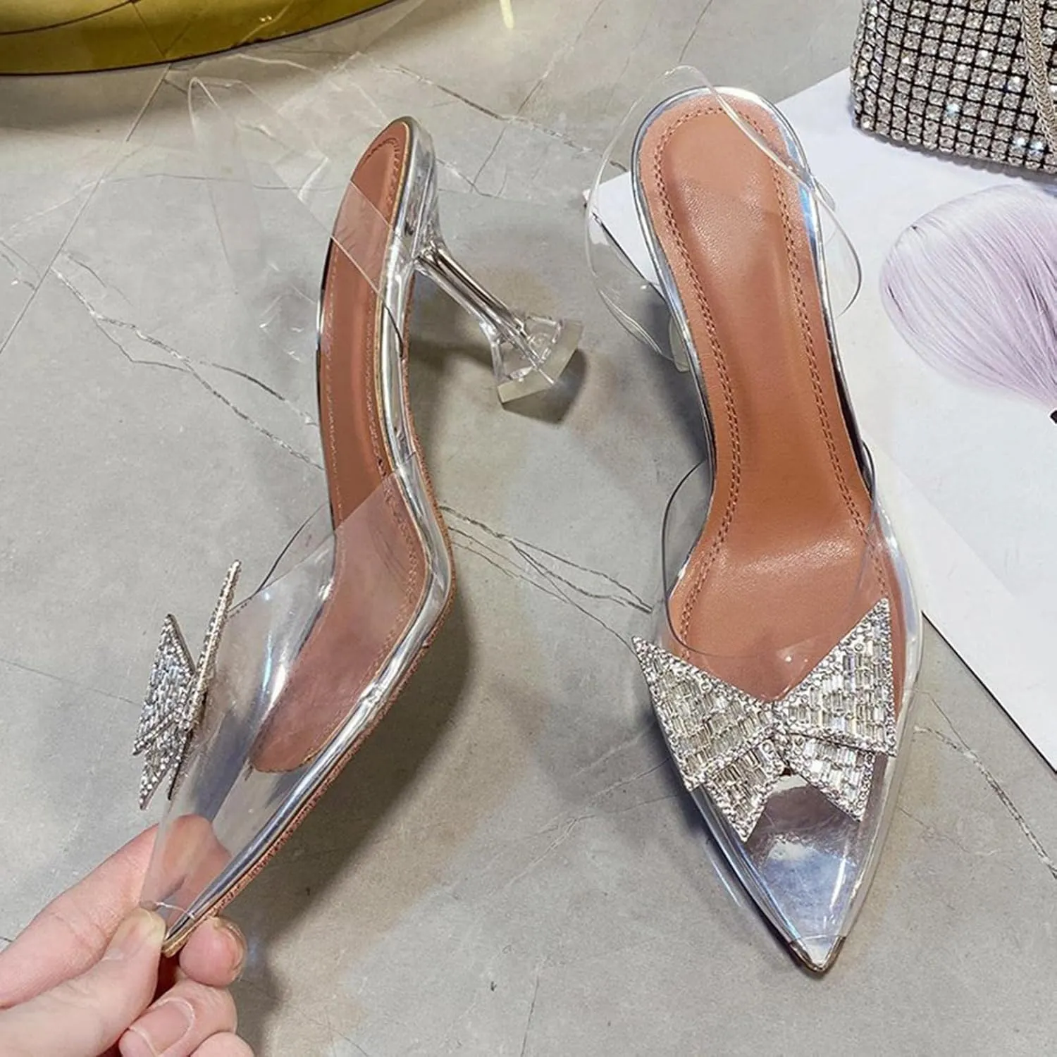 Trendy Pointed Toe High Heel Rhinestone Bow Clear Stiletto Sandals for Women Dressy, Summer Casual High Heel Wedge Sandals for Women Ladies and Girls