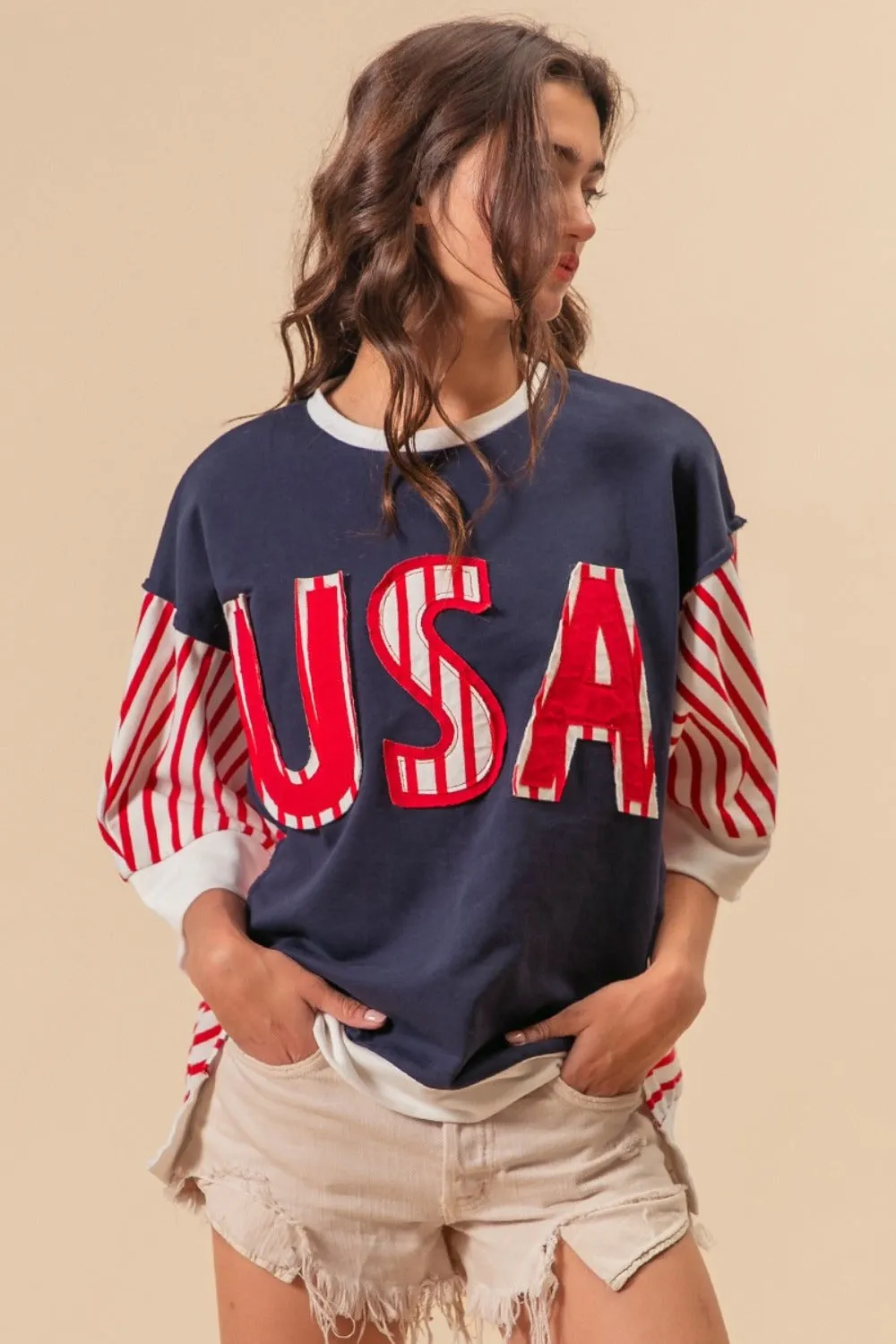 USA Letter Patchwork Short Sleeve T-Shirt