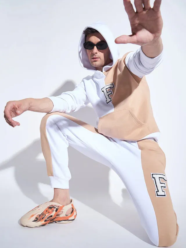 White & Beige Cut Sew Hooded Sweatshirt