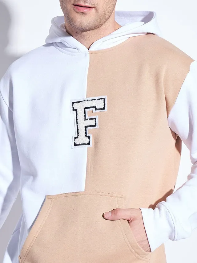 White & Beige Cut Sew Hooded Sweatshirt