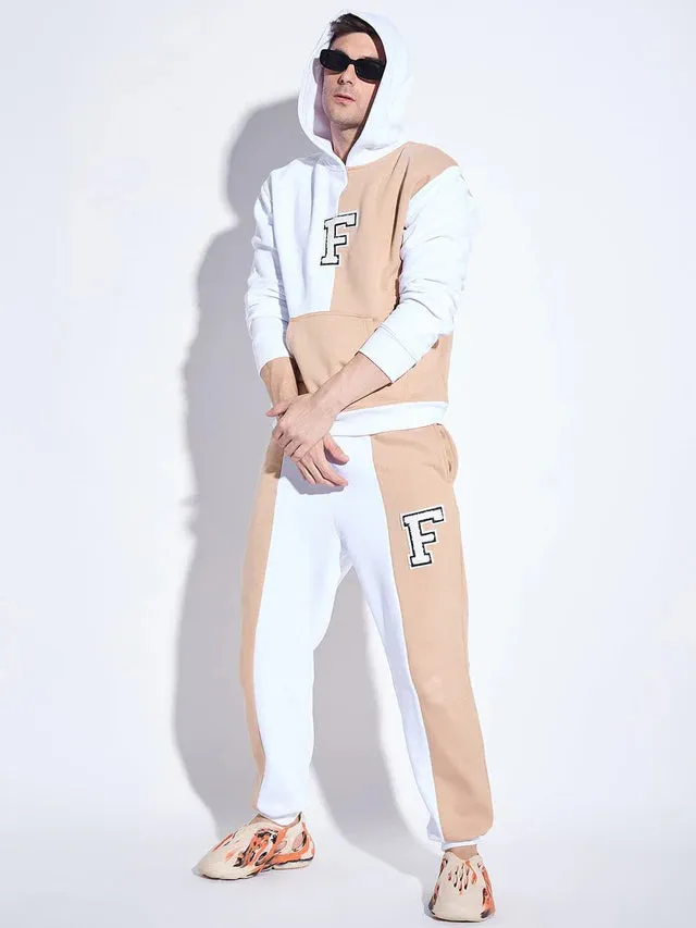 White & Beige Cut Sew Hooded Sweatshirt