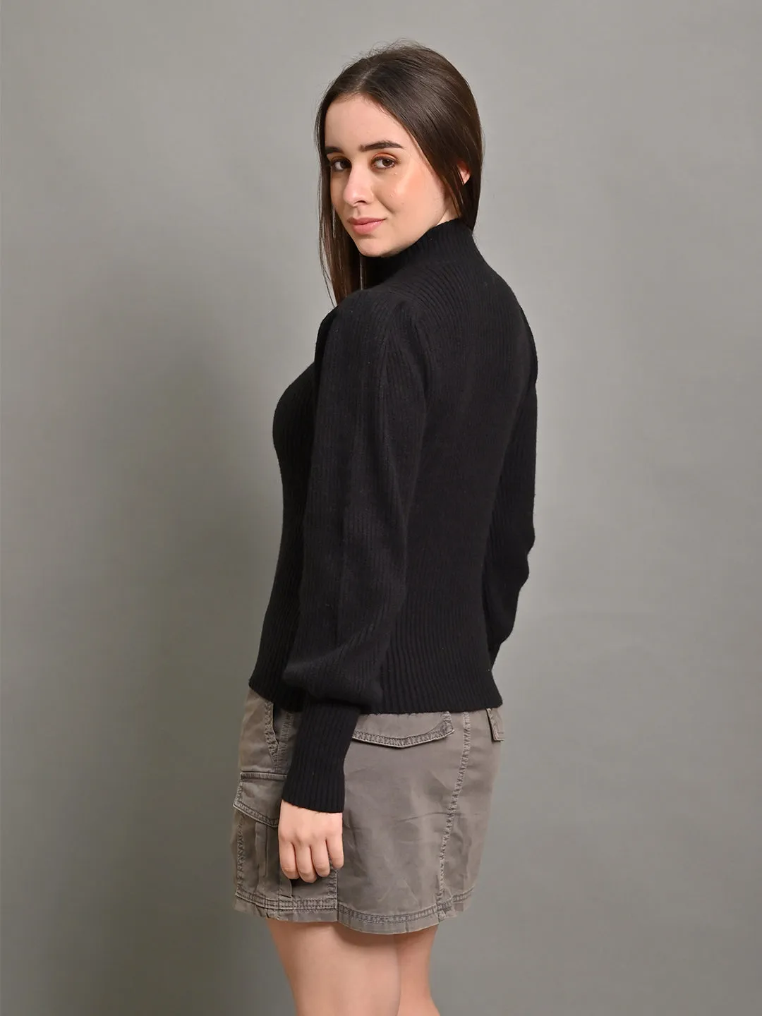 Women Black Puff Sleeve Turtleneck Sweater