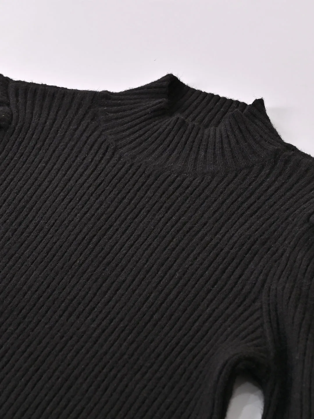 Women Black Puff Sleeve Turtleneck Sweater