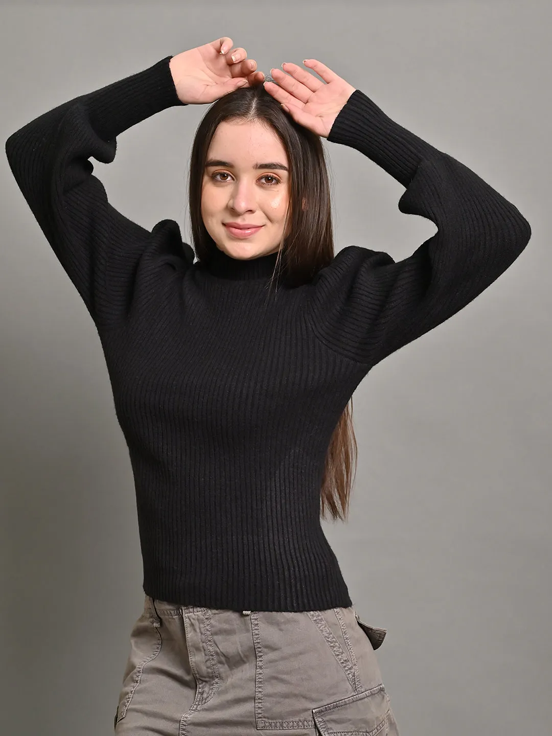 Women Black Puff Sleeve Turtleneck Sweater