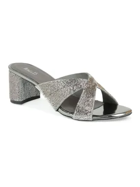 Women Gun Metal Embellished Block Heels