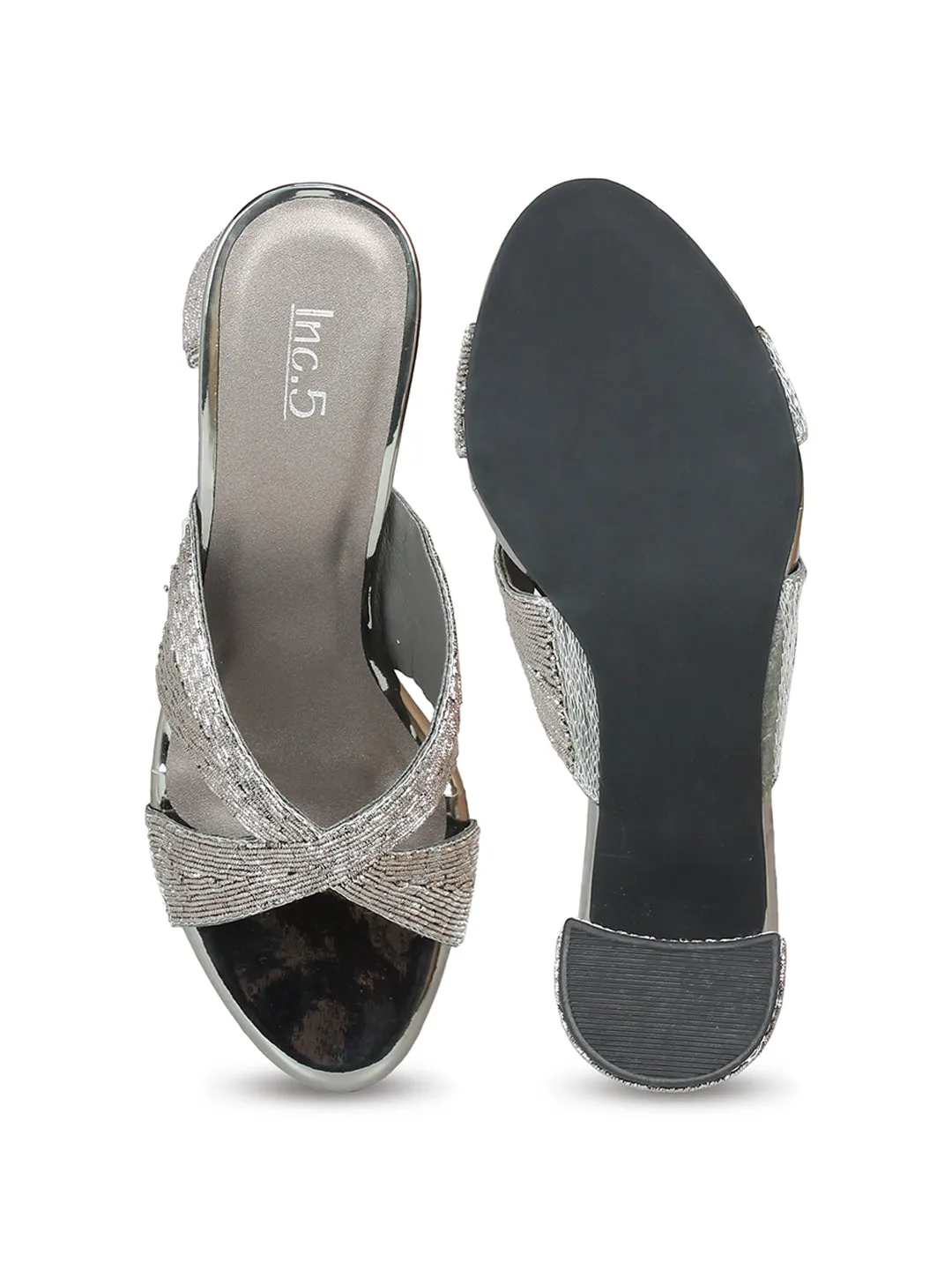 Women Gun Metal Embellished Block Heels