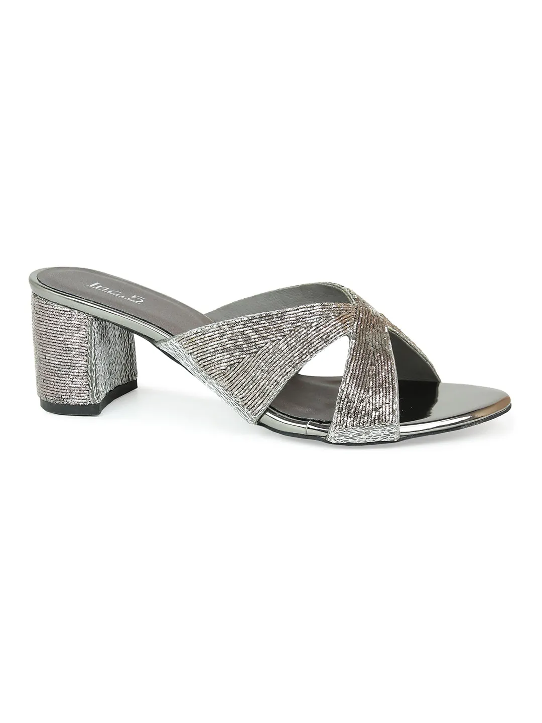 Women Gun Metal Embellished Block Heels