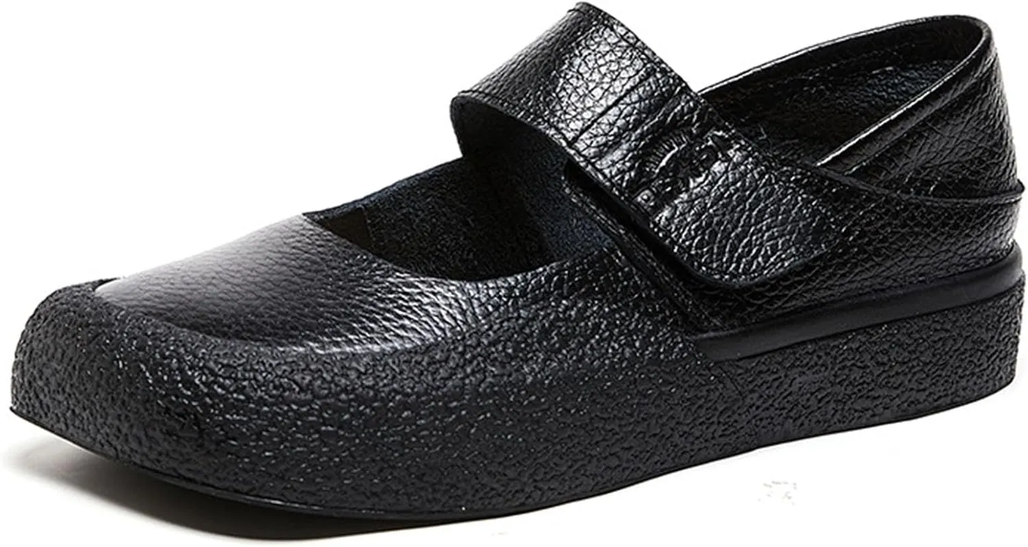 Women's Genuine Leather Flat Bottomed Soft Bottomed Mary Jane Shoes Fashionable and Comfortable Round Toe Low Heel Lightweight Walking Shoes