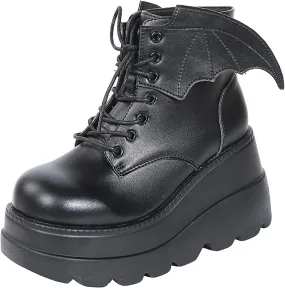 Womens High Platform Goth Ankle Booties Wedges Chunky High Heel Round-Toe Lace up Punk Combat Boots for Women