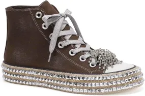 Womens High-Top Canvas Sneakers Studded Rhinestone Side Shoes Lace Up Fashion Shoes Casual Platform Ankle Boots