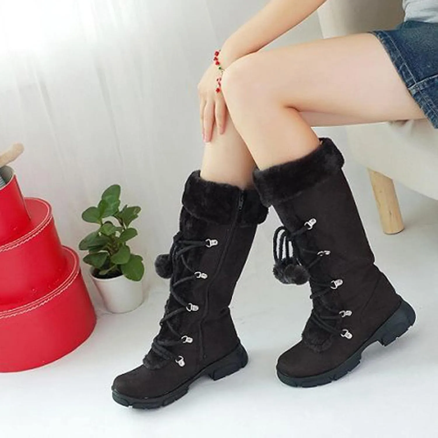Women's Mid-Calf Winter Snow Boots Warm Faux Fur Plush Retro Pompom Lace-up Zipper Middle Tube Non-slip Combat Booties