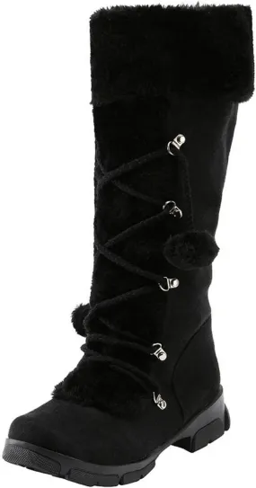 Women's Mid-Calf Winter Snow Boots Warm Faux Fur Plush Retro Pompom Lace-up Zipper Middle Tube Non-slip Combat Booties