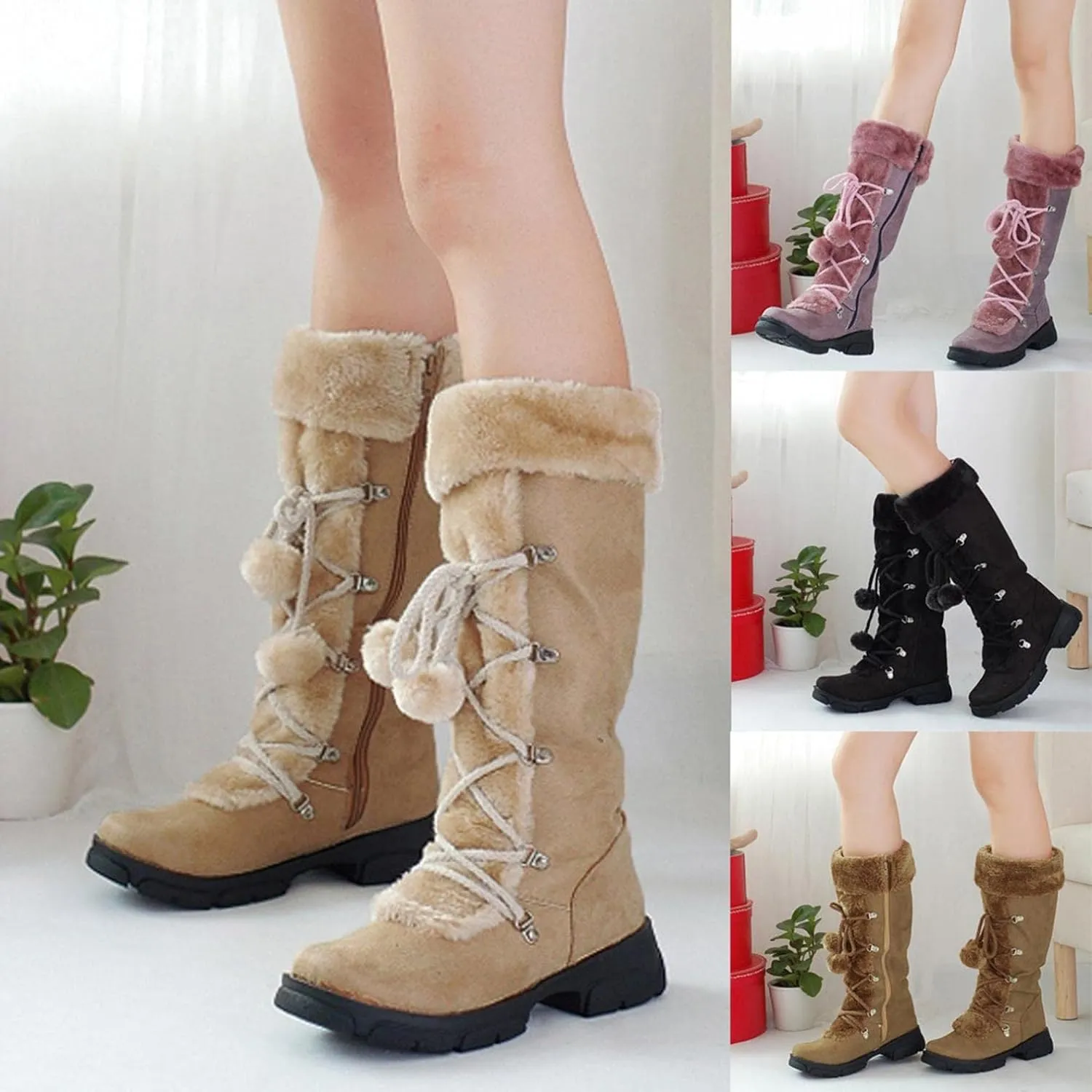 Women's Mid-Calf Winter Snow Boots Warm Faux Fur Plush Retro Pompom Lace-up Zipper Middle Tube Non-slip Combat Booties