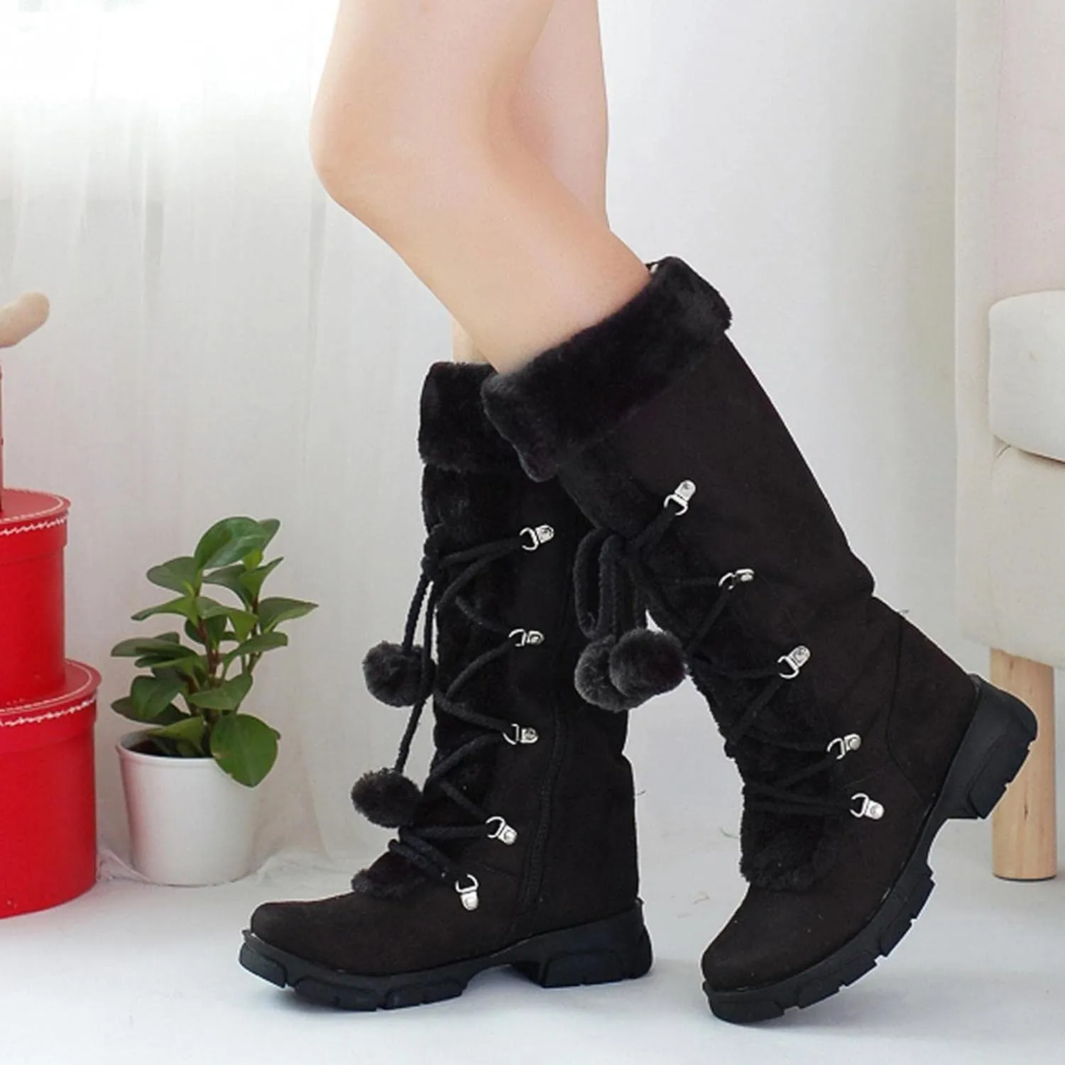 Women's Mid-Calf Winter Snow Boots Warm Faux Fur Plush Retro Pompom Lace-up Zipper Middle Tube Non-slip Combat Booties