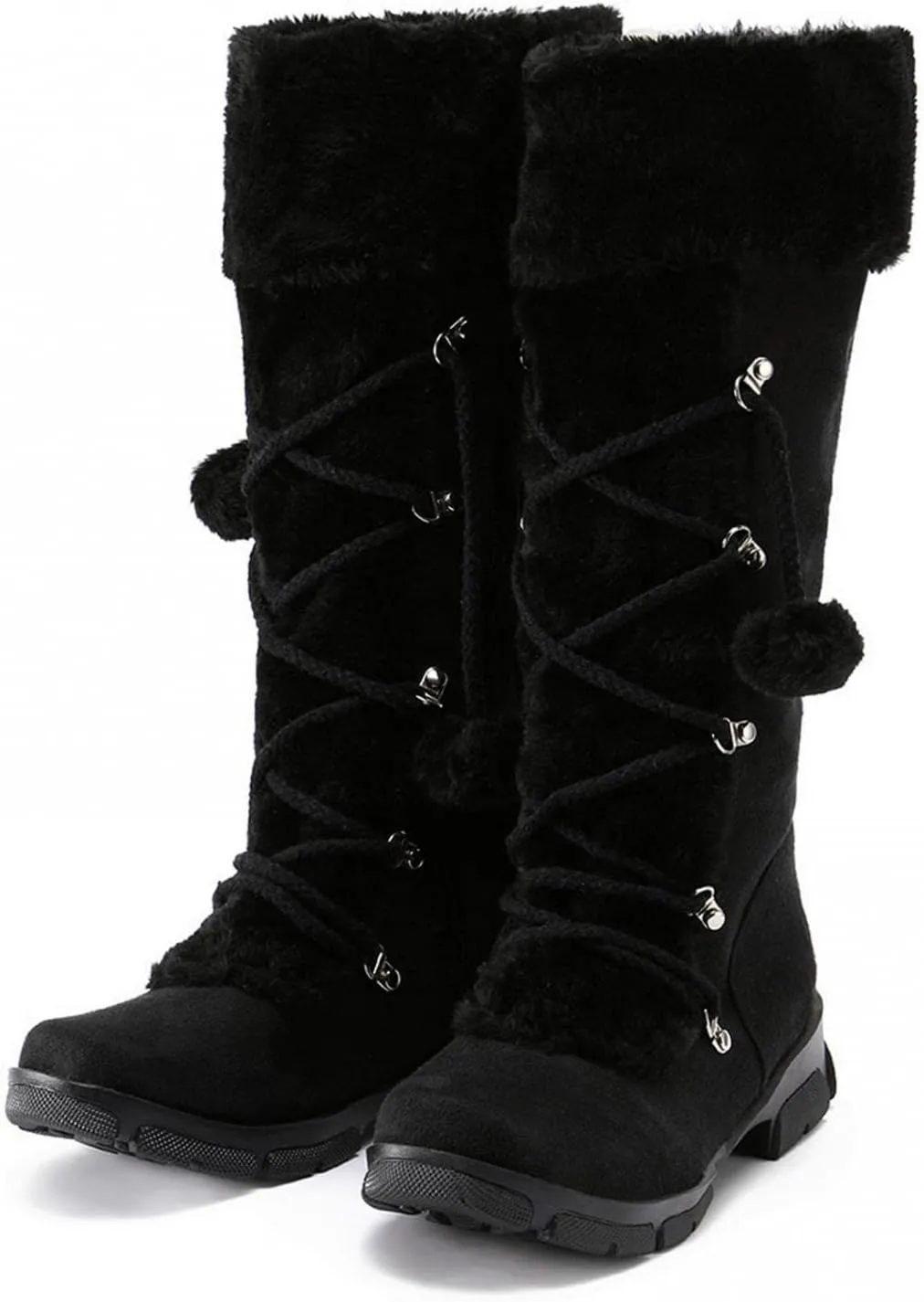 Women's Mid-Calf Winter Snow Boots Warm Faux Fur Plush Retro Pompom Lace-up Zipper Middle Tube Non-slip Combat Booties