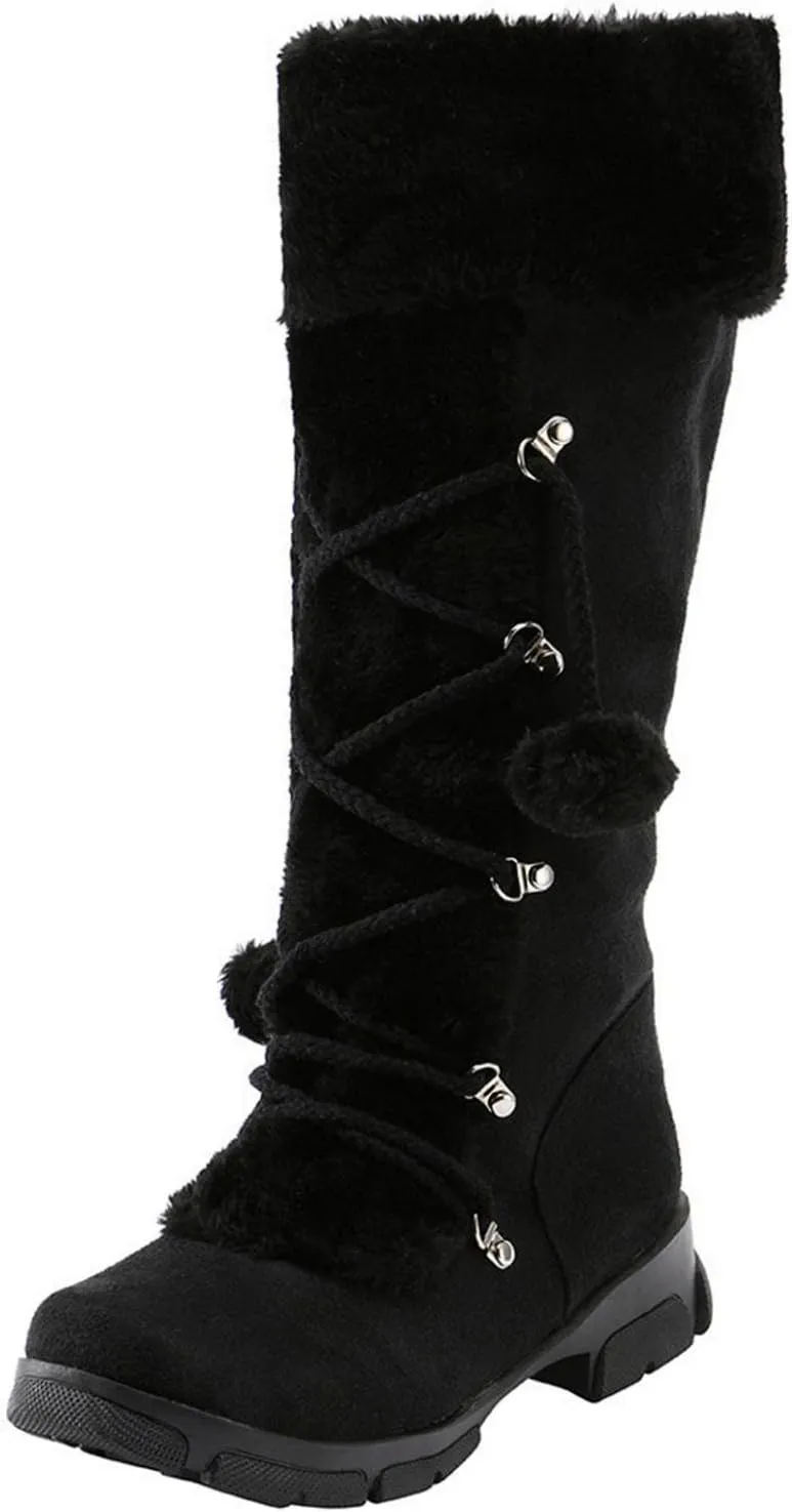 Women's Mid-Calf Winter Snow Boots Warm Faux Fur Plush Retro Pompom Lace-up Zipper Middle Tube Non-slip Combat Booties