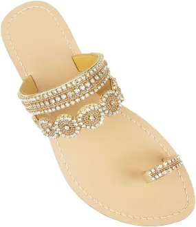 Women's Rhinestone Flat Sandals, Women Flip Flops with Clip Toe RingBeadeed Rhinestone Crystal Jeweled Sandal Shoes for Summer Beach Oceanside Holiday Outdoor