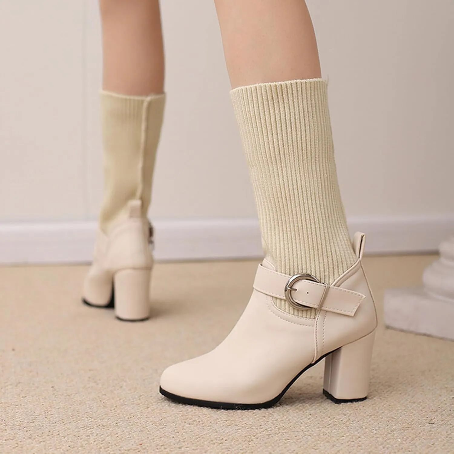 Women's Slip On Ankle Boots Chunky Block Heel Square Toe Splicing Dress Sock Booties Chukka Pull On Mid-calf Chelsea Combat