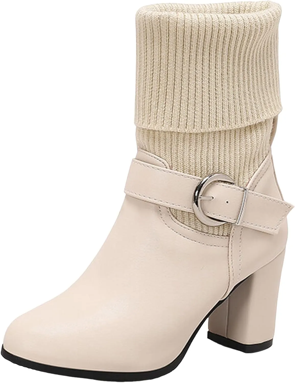 Women's Slip On Ankle Boots Chunky Block Heel Square Toe Splicing Dress Sock Booties Chukka Pull On Mid-calf Chelsea Combat