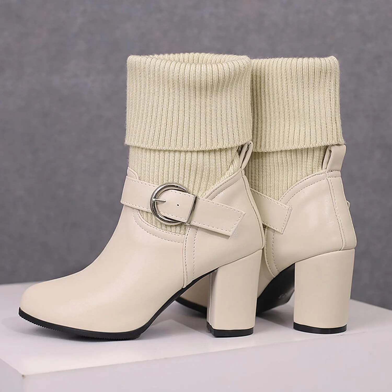 Women's Slip On Ankle Boots Chunky Block Heel Square Toe Splicing Dress Sock Booties Chukka Pull On Mid-calf Chelsea Combat