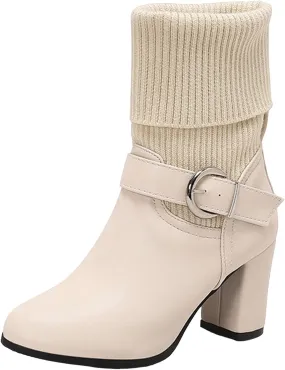 Women's Slip On Ankle Boots Chunky Block Heel Square Toe Splicing Dress Sock Booties Chukka Pull On Mid-calf Chelsea Combat