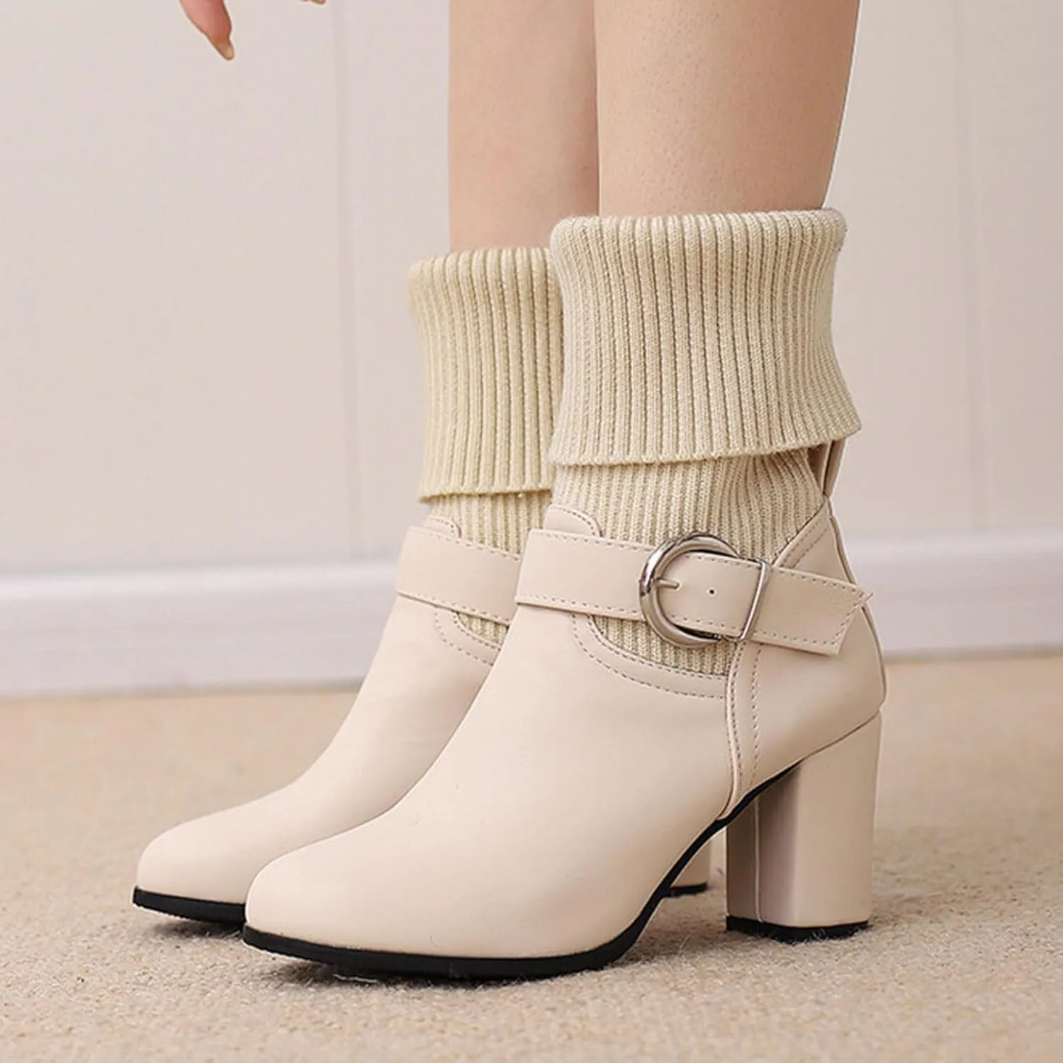 Women's Slip On Ankle Boots Chunky Block Heel Square Toe Splicing Dress Sock Booties Chukka Pull On Mid-calf Chelsea Combat