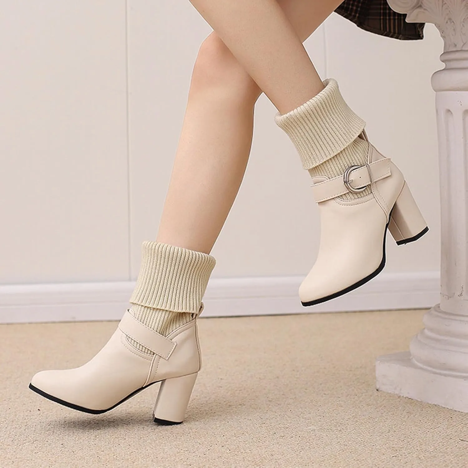 Women's Slip On Ankle Boots Chunky Block Heel Square Toe Splicing Dress Sock Booties Chukka Pull On Mid-calf Chelsea Combat